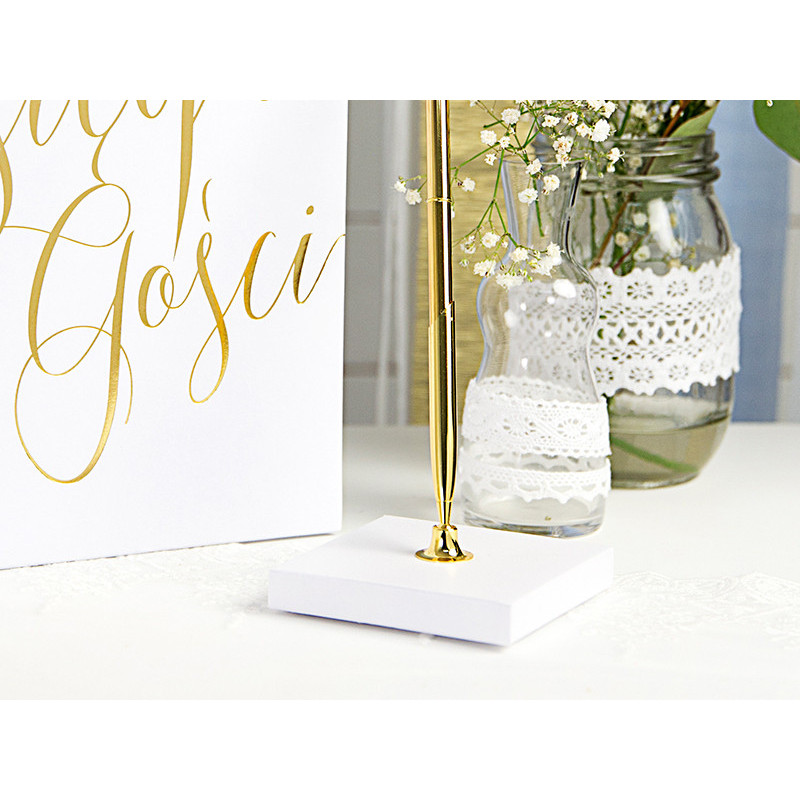 Perlemors Hvid Penholder med Guldpen, Elegant Papirdesign 8x8x16.5 cm