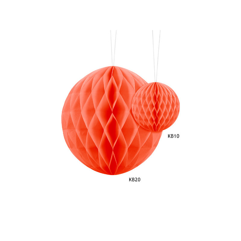 1 stk. Honeycomb kugle i orange, diameter ca. 20 cm, genanvendelig med klips til montering og brug