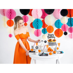 1 stk. Honeycomb kugle i orange, diameter ca. 20 cm, genanvendelig med klips til montering og brug
