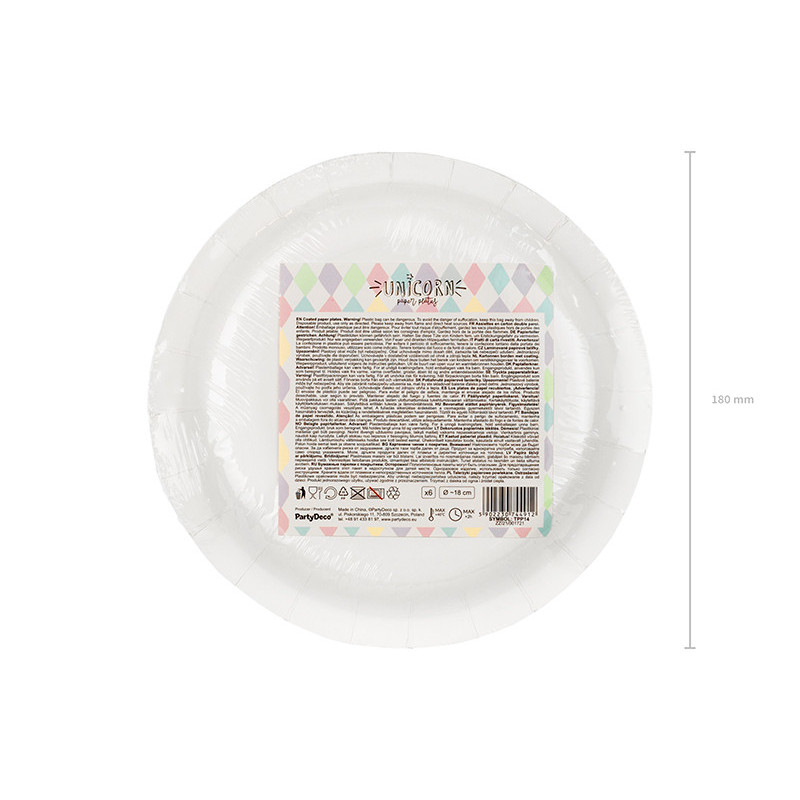 6 stk. Enhjørning-stjerner papirtallerkener, 18 cm, multifarvet