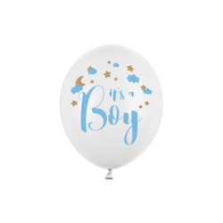 6 stk. Balloner 30 cm pastel hvid - It's a Boy himmelblå-guld tryk dobbeltsidet festpynt
