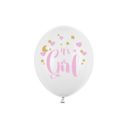 6 stk. Balloner pastel hvid 30 cm – It's a Girl pink-guld tryk Baby Shower festpynt