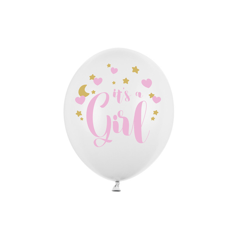 6 stk. Balloner pastel hvid 30 cm – It's a Girl pink-guld tryk Baby Shower festpynt