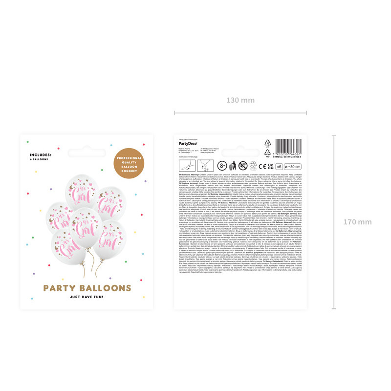 6 stk. Balloner pastel hvid 30 cm – It's a Girl pink-guld tryk Baby Shower festpynt