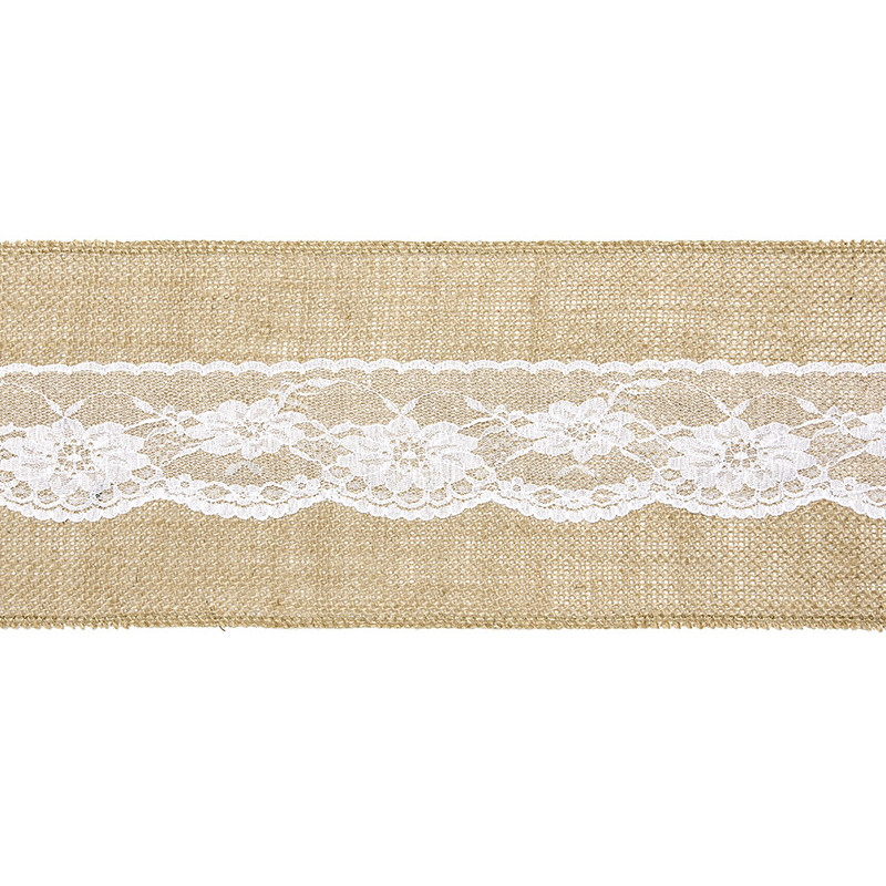 1 stk. burlap stolbånd med blondekant, 15cm bredde og 2.75m længde