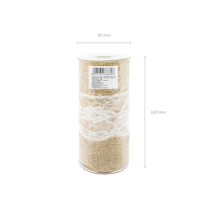 1 stk. burlap stolbånd med blondekant, 15cm bredde og 2.75m længde