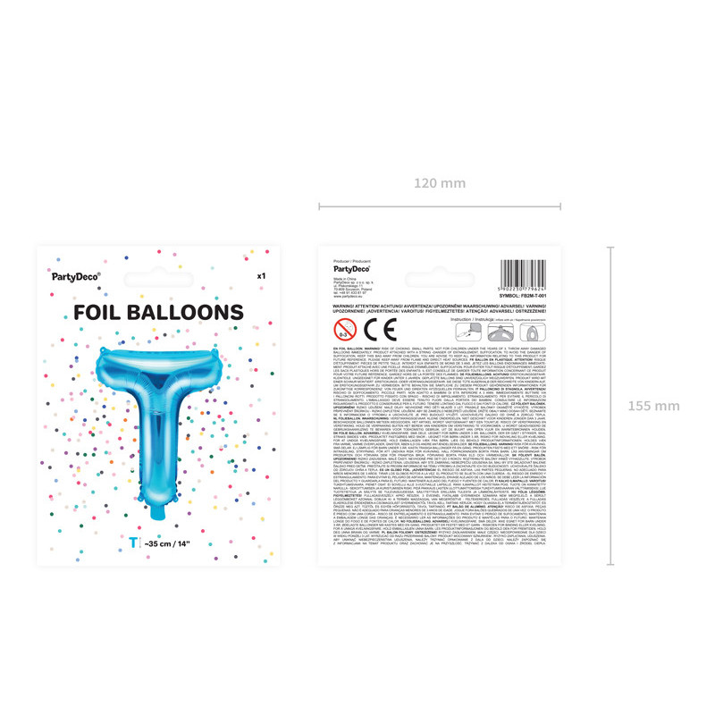1 stk. Metallisk blå folieballon, bogstavet 'T', 35 cm, genbrugelig og let at puste op til fest