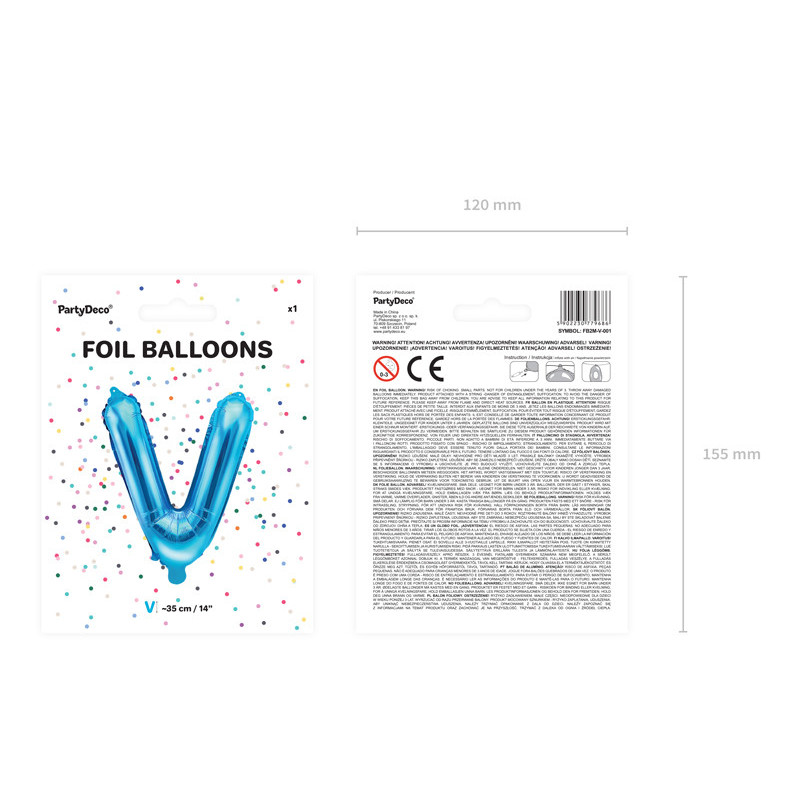 1 stk. Blå folieballon formet som bogstavet 'V', 35 cm høj, perfekt til festdekorationer og temaer