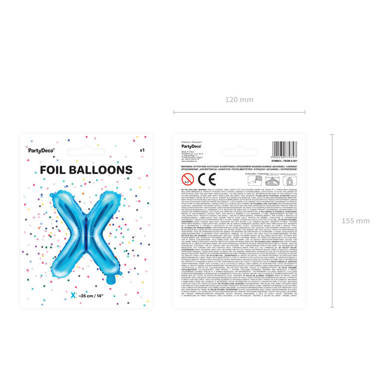 1 stk. Folieballon i metallisk blå, formet som bogstavet 'X', 35cm, høj kvalitet og holdbarhed