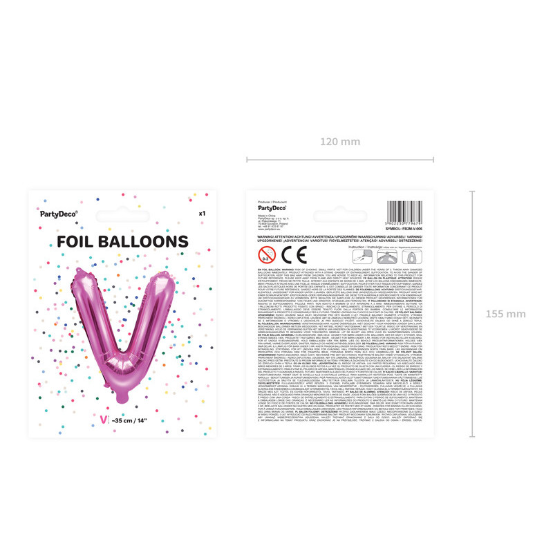 1 stk. Hot pink V folieballon 35 cm - Nem oppustning og automatisk lukning