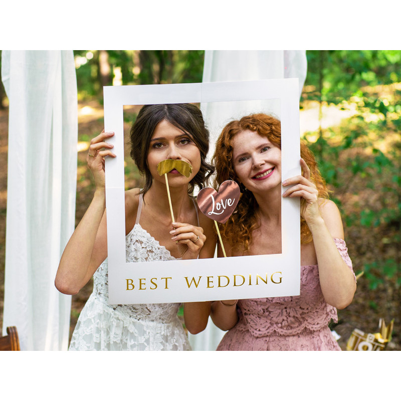1 stk. Guldindrammet bryllups-selfie fotokit med rekvisitter og balloner, 50 dele