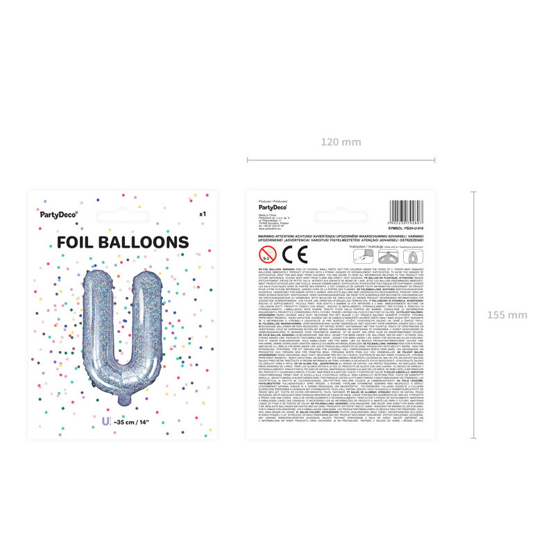 1 stk. Holografisk U folieballon 35 cm – Nem oppustning & automatisk lukning