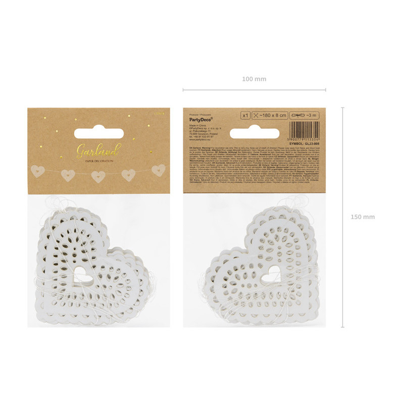 1 stk. Hvid papirhjerte-girlande 1.8m x 8cm – Romantisk dekoration til bryllup & fest