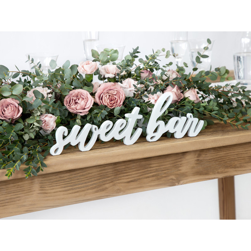 1 stk. Hvid træindskrift 'Sweet Bar', perfekt til fest, 37x10 cm