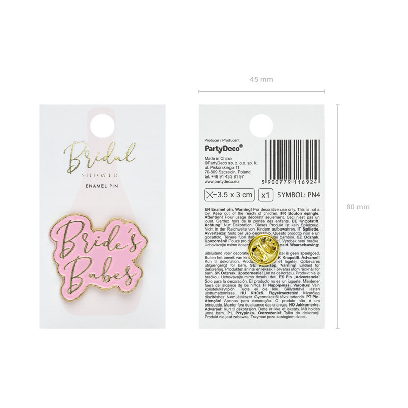 1 stk. Guldmetallisk brude-babes emalje pin med pink print, 3.5x3cm