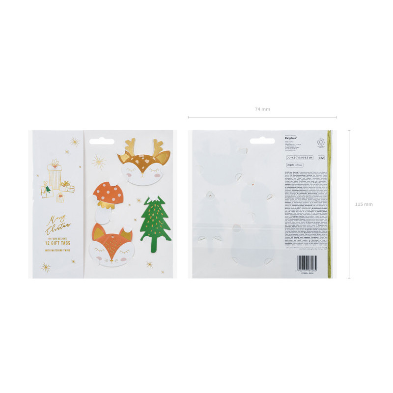 12 stk. skovtema gave tags med guld snor i forskellige designs og farver til alle anledninger