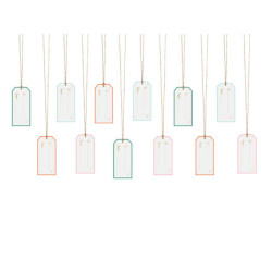 12 stk. Farverige blandede gave tags med guld snor, 9 x 4 cm, perfekt til festlige lejligheder