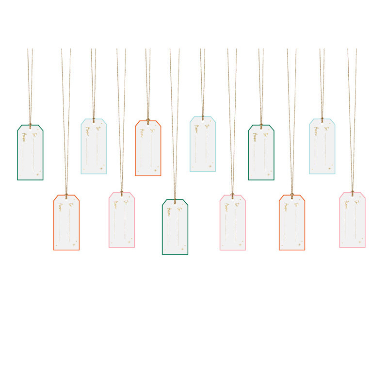 12 stk. Farverige blandede gave tags med guld snor, 9 x 4 cm, perfekt til festlige lejligheder