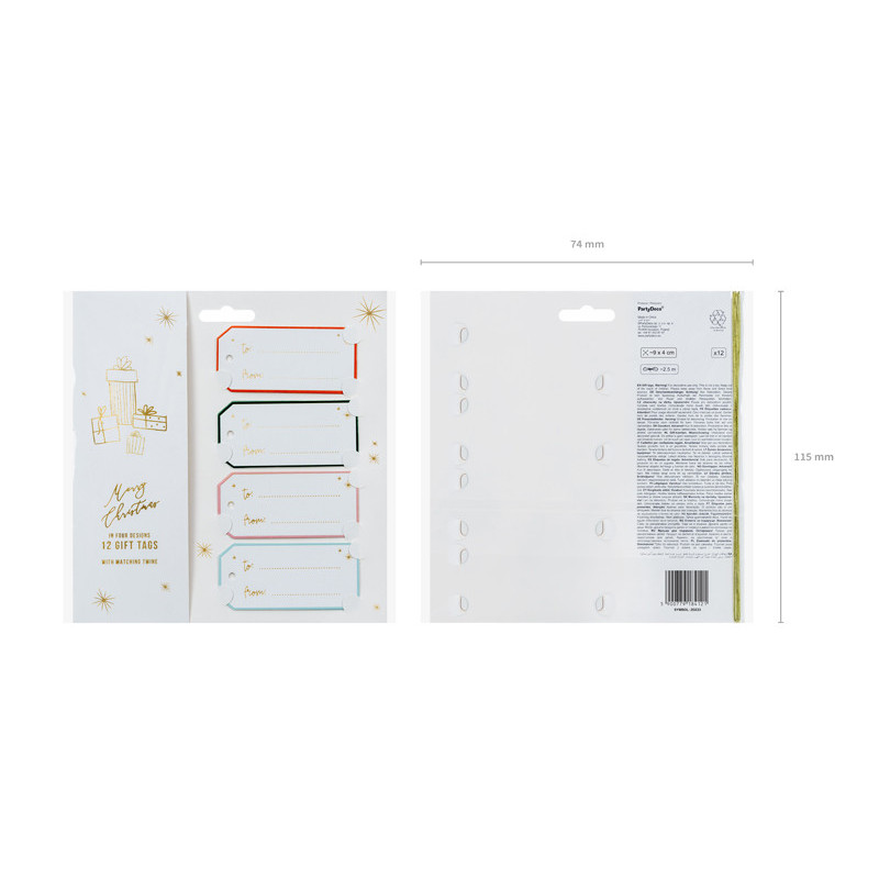 12 stk. Farverige blandede gave tags med guld snor, 9 x 4 cm, perfekt til festlige lejligheder
