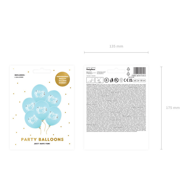6 stk. Pastel lyseblå 'Mom to Be' balloner, 30 cm, til babyshower og fest