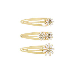 3 stk. Guld Daisy hårclips med hvidt element, 5x1.5-2 cm, perfekt til festfrisurer og glamour.