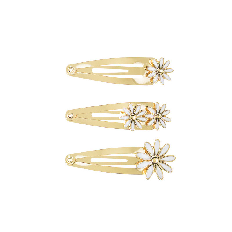 3 stk. Guld Daisy hårclips med hvidt element, 5x1.5-2 cm, perfekt til festfrisurer og glamour.