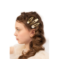 3 stk. Guld Daisy hårclips med hvidt element, 5x1.5-2 cm, perfekt til festfrisurer og glamour.