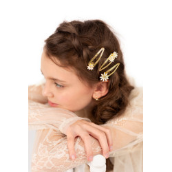 3 stk. Guld Daisy hårclips med hvidt element, 5x1.5-2 cm, perfekt til festfrisurer og glamour.