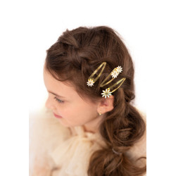 3 stk. Guld Daisy hårclips med hvidt element, 5x1.5-2 cm, perfekt til festfrisurer og glamour.