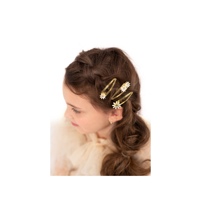 3 stk. Guld Daisy hårclips med hvidt element, 5x1.5-2 cm, perfekt til festfrisurer og glamour.