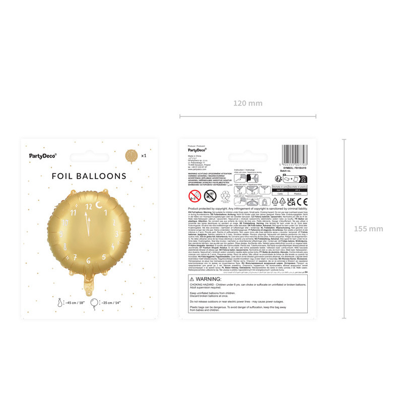 1 stk. Ur 18" folieballon i guld fra PartyDeco, genanvendelig og velegnet til helium eller luft.
