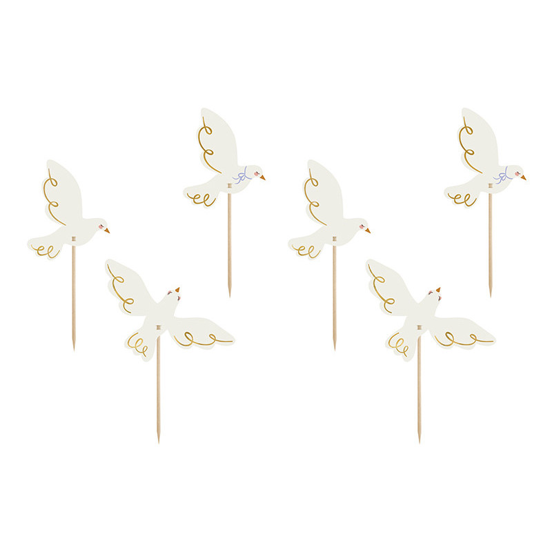 6 stk. Due cake toppers – elegante fredsduer med gulddekoration