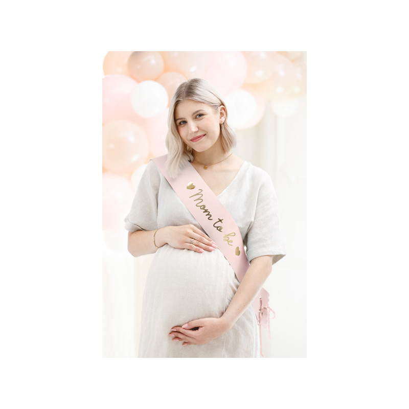 1 stk. Lyserød "Mor i vente" sash med guldbogstaver, 75 cm justerbar polyester