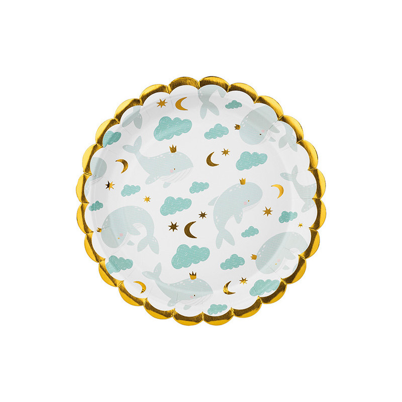 6 stk. Paptallerkener med hvalmotiv – farvemix, 18 cm i diameter