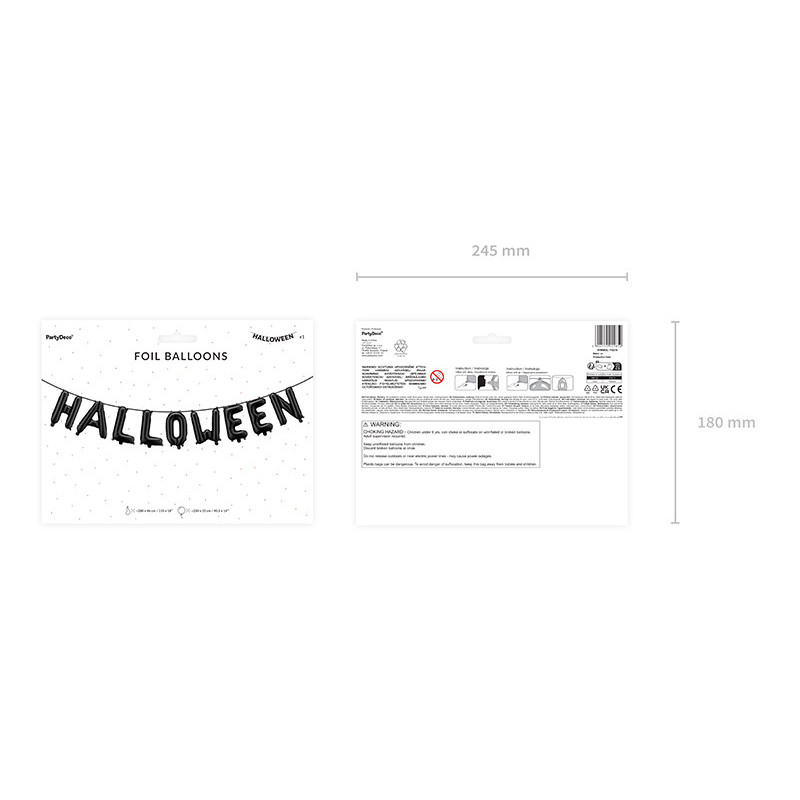1 stk. Sort Halloween folieballon, 280x46 cm, inkl. oppustningsstrå og bånd til festpynt