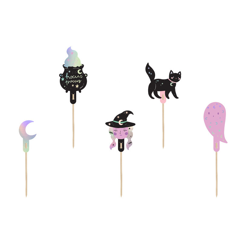 6 stk. Halloween cake toppers – farverige figurer til (u)hyggelig kagepynt