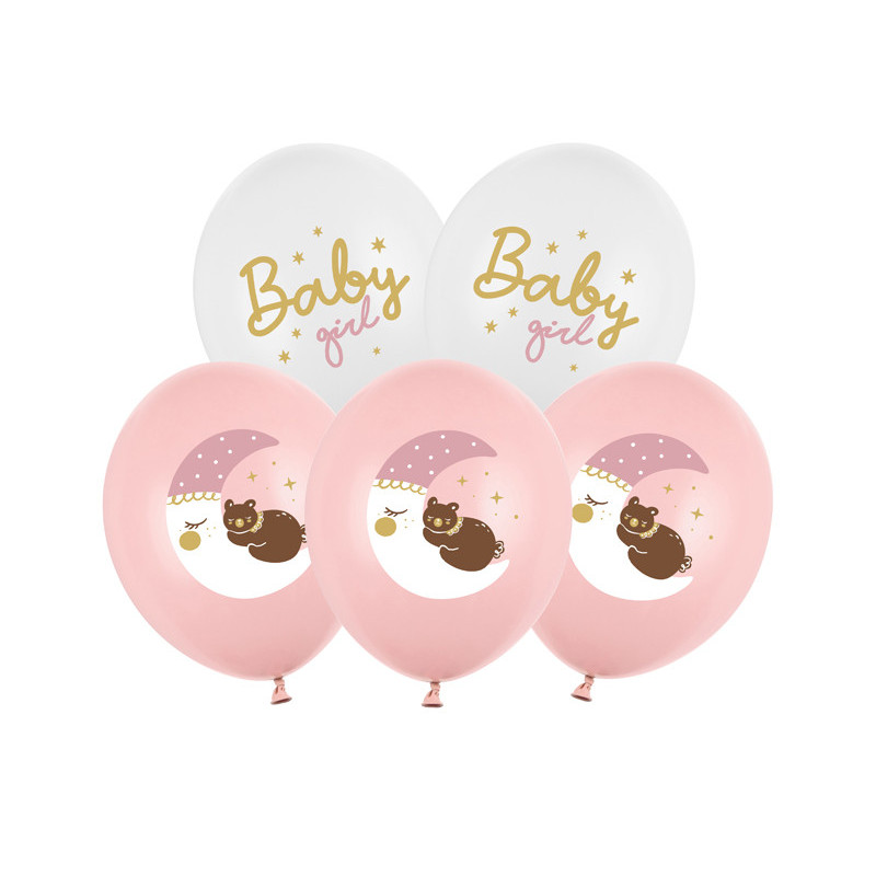 6 stk. Baby girl balloner pastel lyserød/hvid 30 cm - To-sidet print til festlig dekoration