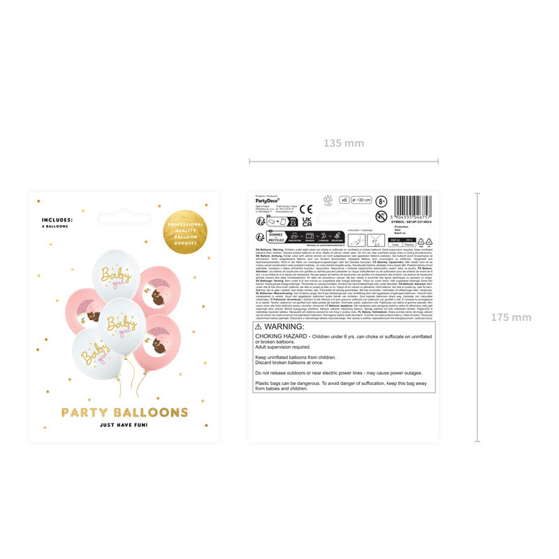6 stk. Baby girl balloner pastel lyserød/hvid 30 cm - To-sidet print til festlig dekoration