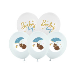 6 stk. Balloner baby boy mix pastelblå hvid 30 cm – Tosidet print til barnedåb