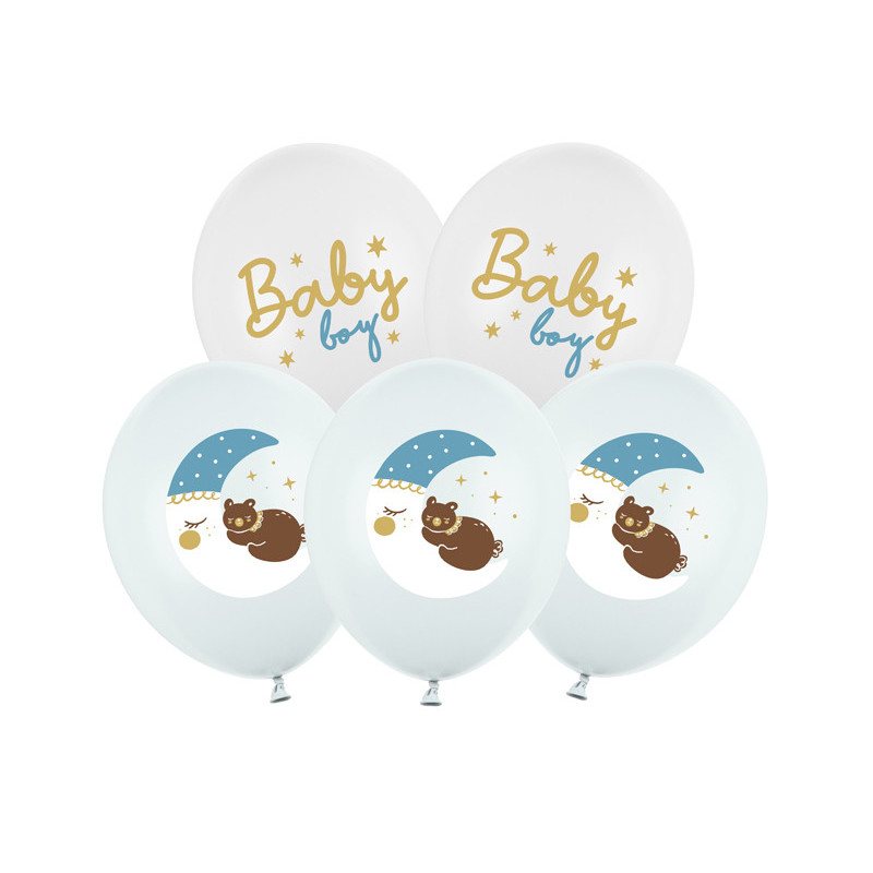 6 stk. Balloner baby boy mix pastelblå hvid 30 cm – Tosidet print til barnedåb