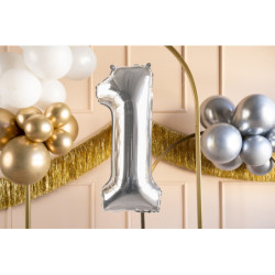 1 stk. Metallic folieballon tal "1" sølv 72 cm inkl. sugerør til luft og helium, perfekt til fest