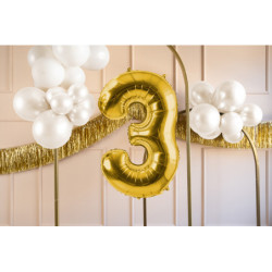 1 stk. Satin folieballon tal "3" i lys guld, 72 cm inkl. sugerør til både luft og helium, genanvendelig