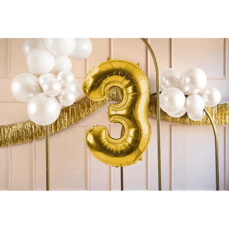 1 stk. Satin folieballon tal "3" i lys guld, 72 cm inkl. sugerør til både luft og helium, genanvendelig
