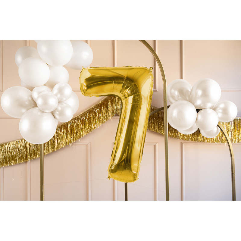 1 stk. Satinfolie ballon tal "7" i lys guld, 72 cm, til luft og helium, inkl. sugerør, perfekt til fest