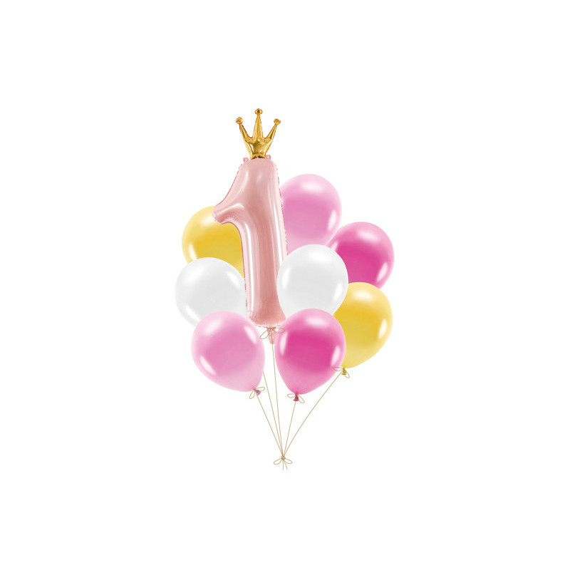 9 stk. Ballonsæt Pink Guld Hvid med Folieballon "1" – Perfekt til 1-års Fødselsdag