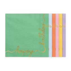 12 stk. Happy Birthday servietter, guldskrift, farvemix, 33x33 cm