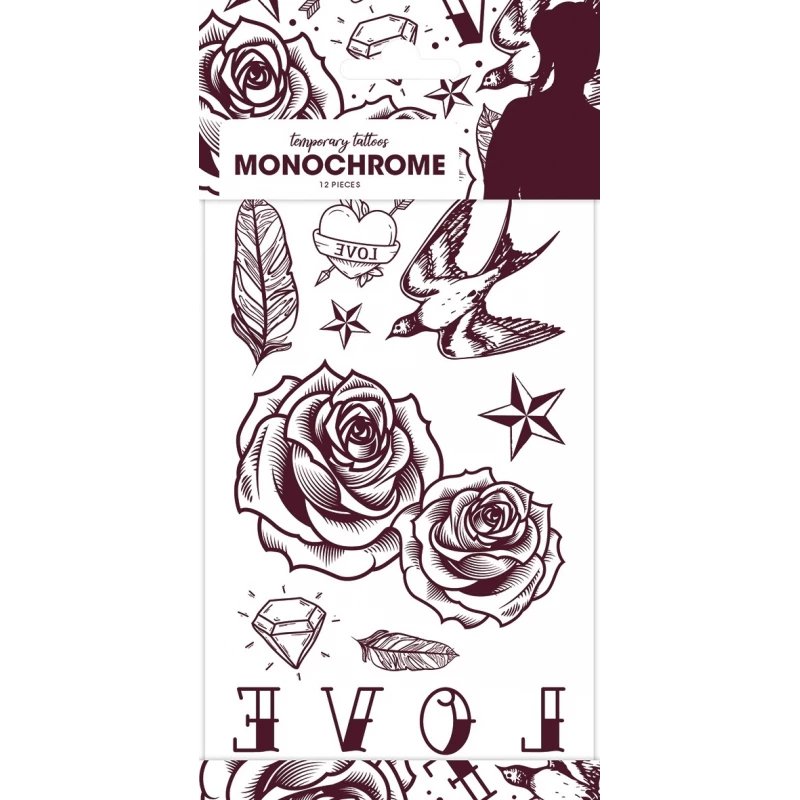 12 stk. Monochrome Love Tatoveringer, kreative midlertidige designs til fest og festival 12 stk. Monochrome Love Tatoveringer, kreative midlertidige designs til fest og festival