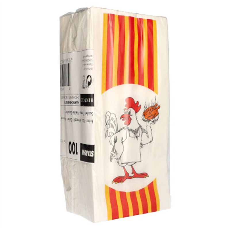 100 stk. Kyllingeposer til 1 hel Grillkylling – Hvid med Rød/Orange Striber, 28x13x8 cm 100 stk. Kyllingeposer til 1 hel Grillkylling – Hvid med Rød/Orange Striber, 28x13x8 cm