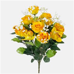 1 stk. Buket af Kunstige Roser og Orkid&eacute; Gul &ndash; 12 Hoveder, l&aelig;ngde 44 cm