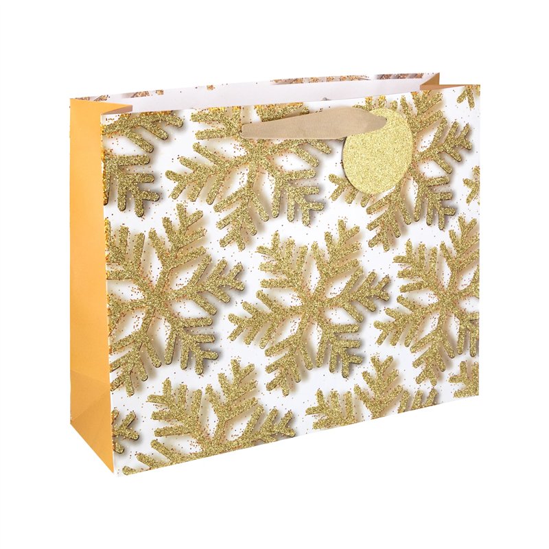 Gavepose Snefnug Guld og Hvid 44x32,5x12 cm – Luksuriøs og festlig indpakning Gavepose Snefnug Guld og Hvid 44x32,5x12 cm – Luksuriøs og festlig indpakning